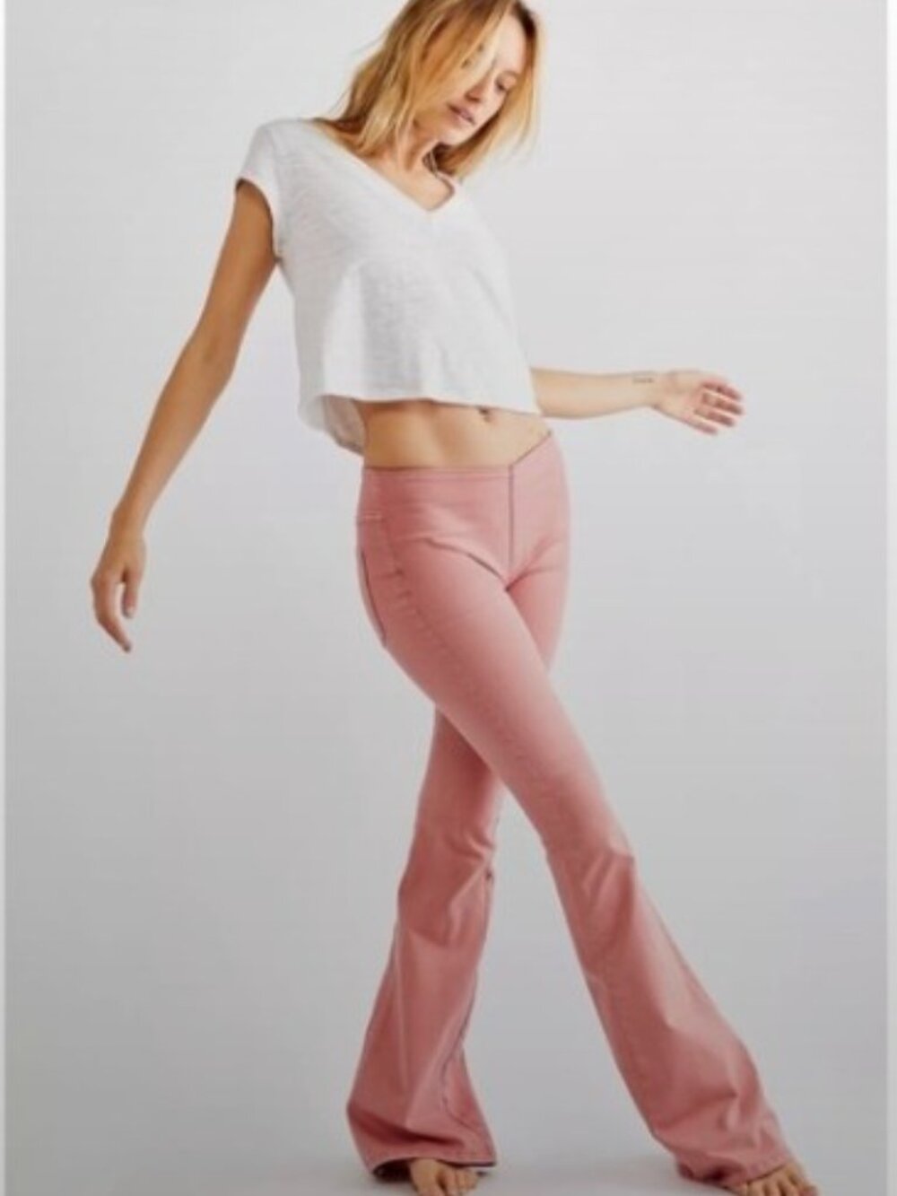 Free People Penny Clay Roses Pink Pull On Flare Jeans
